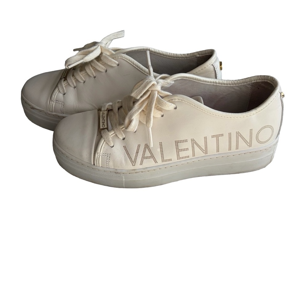 Valentino Cream Leather Logo Lace-Up Platform Sneakers